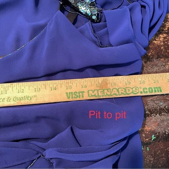 Vtg 80s Blue‎ Draped DECO Beaded FLAPPER Dynasty Party Gatsby Cocktail Dress 14 - Picture 6 of 8